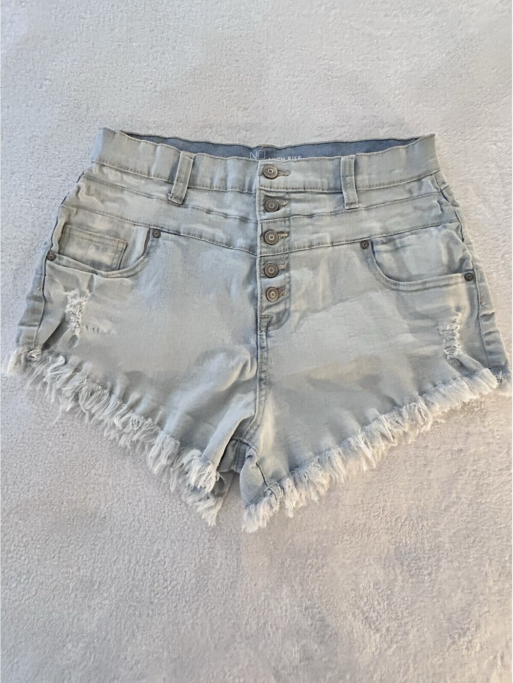 NOBO Women's Jr Size 11 Shorts Light Blue Denim Raw Hem Fringe High Rise